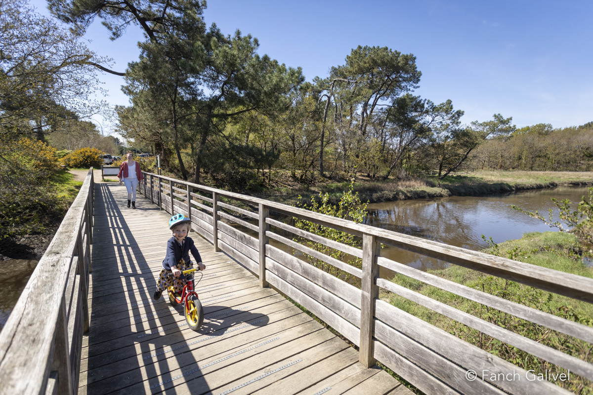 Aménagement de la balade du Plessis à Lanester permettant aux personnes en situation de handicap, séniors, famille avec jeunes enfants et poussette de se promener confortablement.